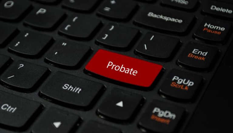 Close-up of a black computer keyboard with a red "Probate" key replacing the Enter key.