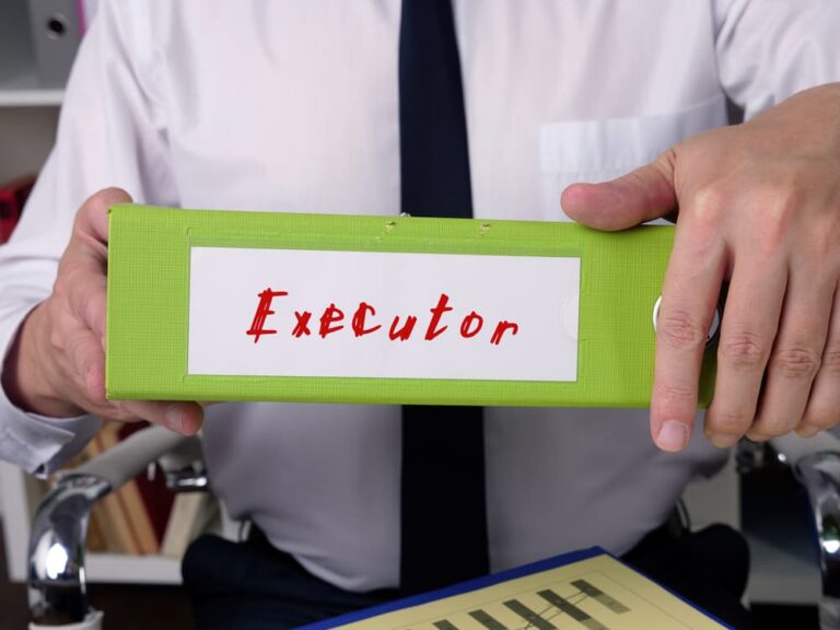 Person in white shirt and black tie holding green binder labeled "Executor" in red text.
