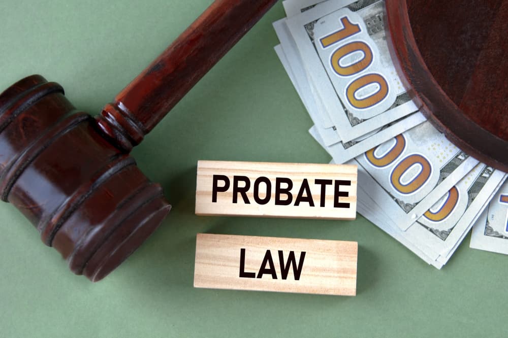 blocks with 'probate law' written, next to gavel and money