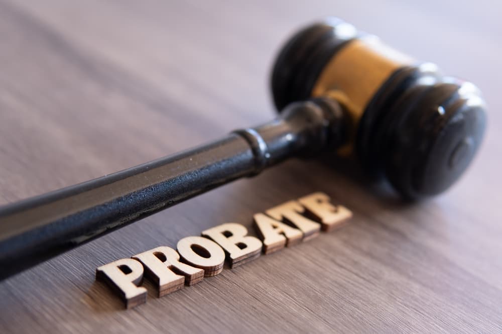 Closeup image of judge gavel and word PROBATE. 