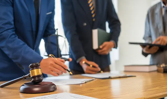 Gavel on wooden table with three professionals in suits reviewing documents.