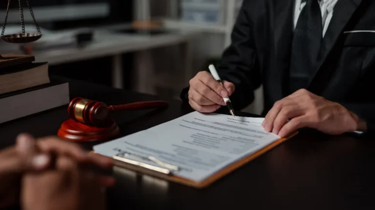 Person in a black suit reviewing legal documents with a gavel and scales on desk.