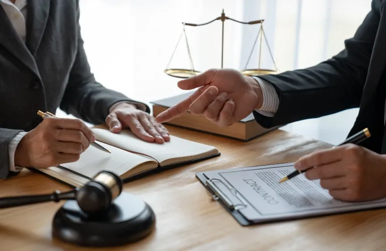 Two professionals in suits reviewing a contract document with legal scales and a gavel on the wooden table.