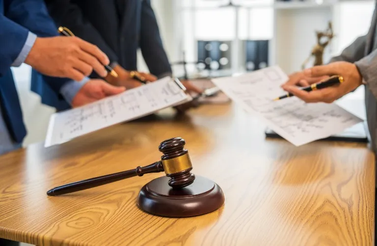 Wooden judge's gavel on table with people reviewing documents in background.