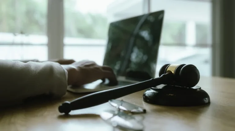 Wooden judge's gavel and eyeglasses on desk with person typing on laptop in background.