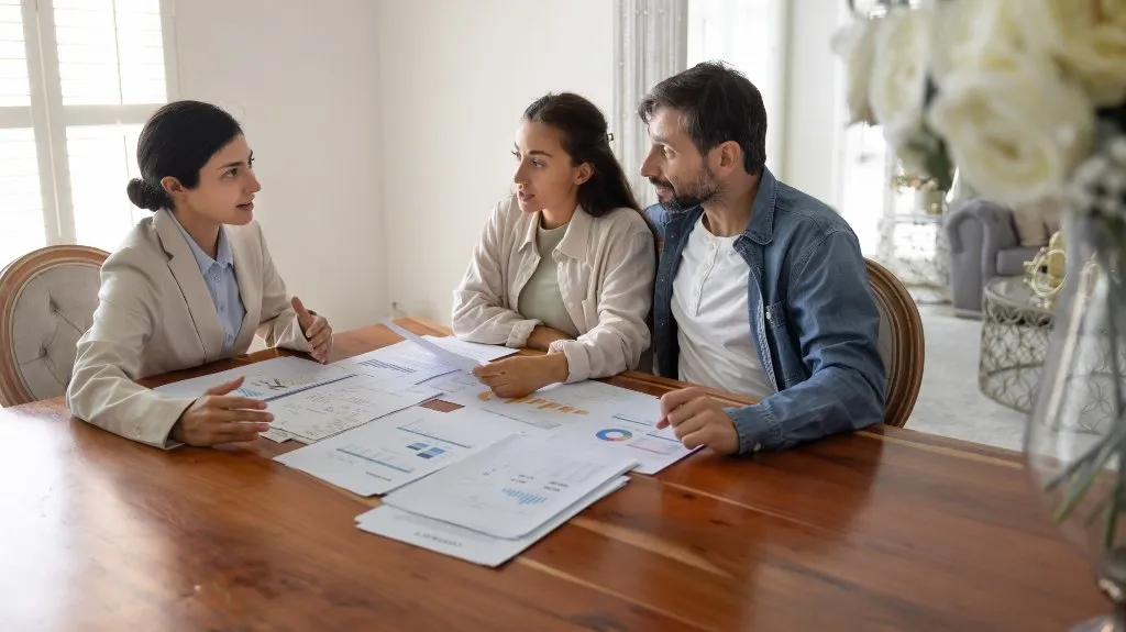 Three people engaged in a business discussion over financial documents at a wooden table.