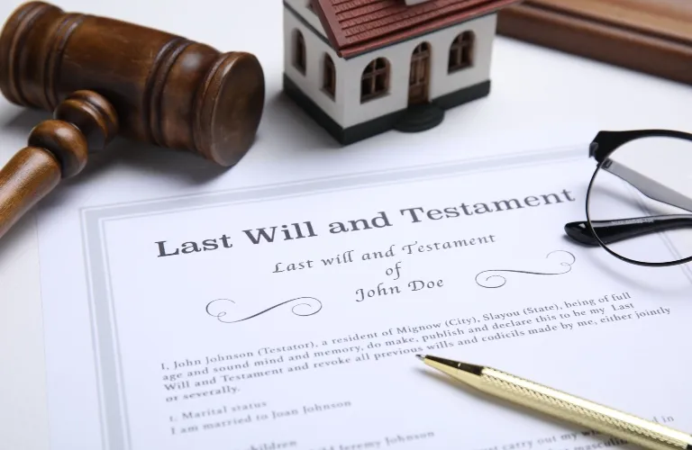 Last Will and Testament document with a wooden gavel, model house, pen, and eyeglasses.