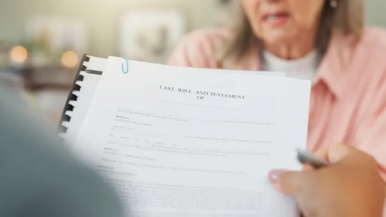 Woman reviewing a printed last will and testament document held by another person.