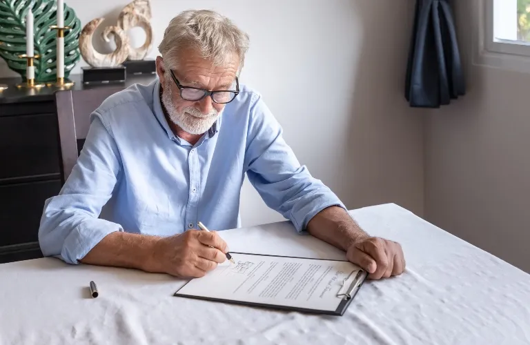 Elderly man with glasses signing a document at a table in a well-lit room.