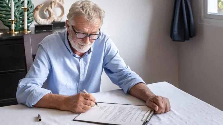 Elderly man with glasses signing a document on a white tablecloth indoors.