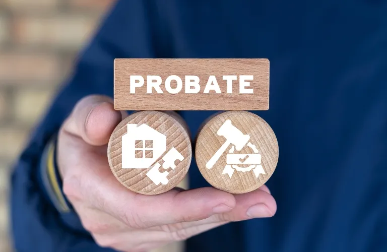 Hand holding wooden blocks with "PROBATE" text, house and gavel icons.