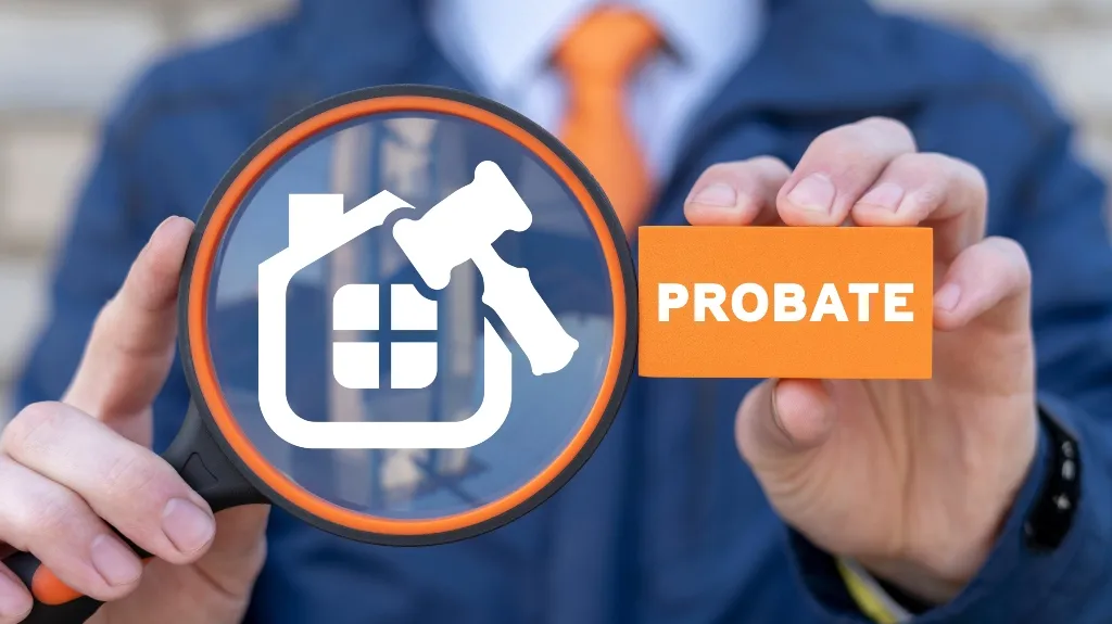 Person holding magnifying glass with house and gavel icon and orange card with "PROBATE" text.